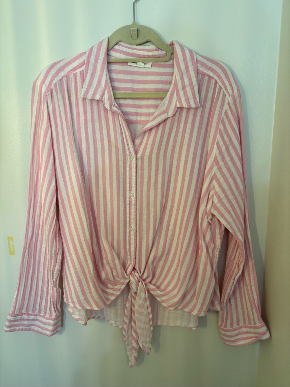 beachlunchlounge Pink and White Striped Tie-Front Button Shirt
